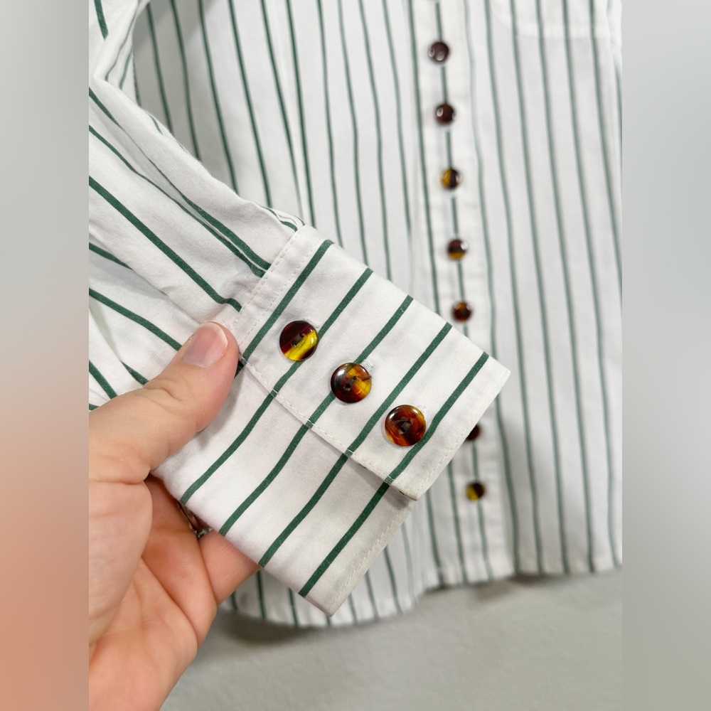 Picket and Post Shirt Button Down Green Stripe Brown Button Christmas Women 12 - Picture 3 of 6